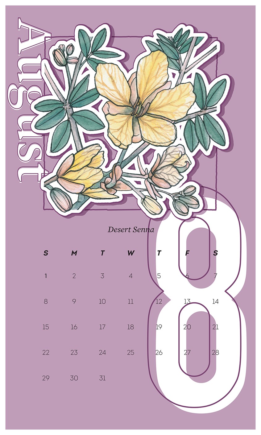 illustration of 2021 Wall Calendar Design with Desert Senna. Illustration originally completed in watercolor and ink by Adela Antoinette
Calendar designed by JPinonDesigns.
wall calendar, calendar, desert flora, flower, bush, desert senna