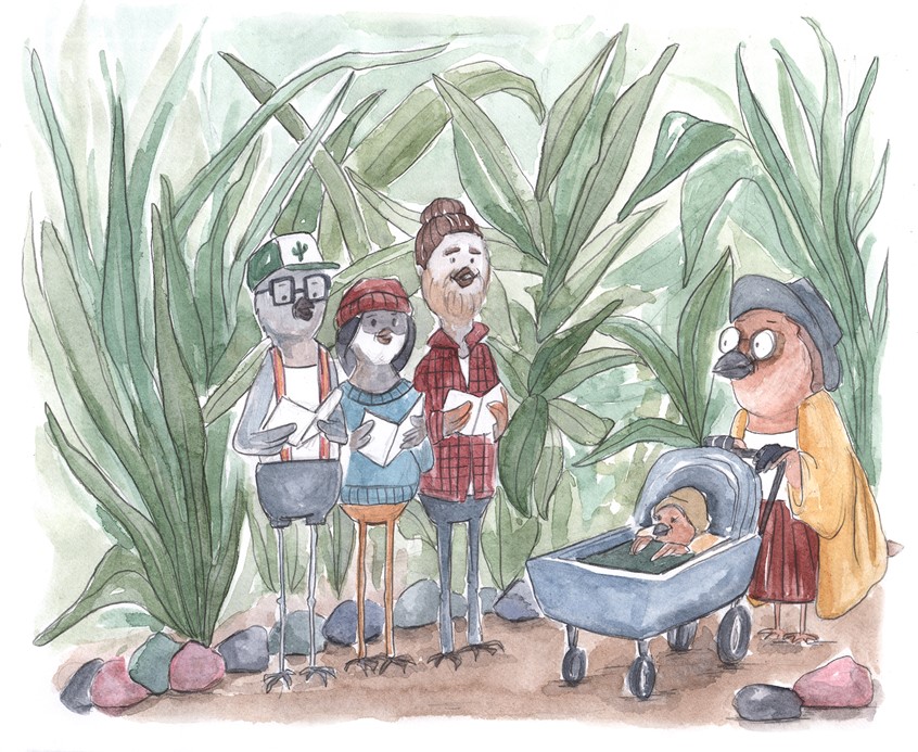 illustration of Audubon Life. Illustration for EBA Homestead article on the Tucson Audubon Society. Watercolor & Pencil.
Editorial Illustrations for Edible Baja Arizona Magazine’s Homestead Series. 2016-2017
Editorial, spot illustration, birds, hipster, family, community, singing, Audubon