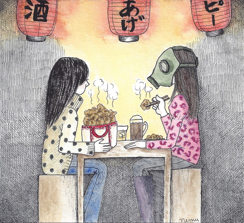 illustration of Dining out during pandemic is a big challenge for everyone. restaurants, food, fried chicken, eating out, stay at home order, masks, eating, drinking, dinner, lunch, friends.