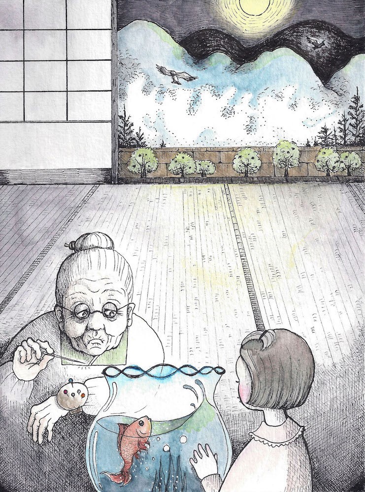 illustration of Grandma knows everything and she is a great story teller. fishbowl, fish, mountains, night sky, window, birds, little girl, garden, tatami floor. Japanese house.