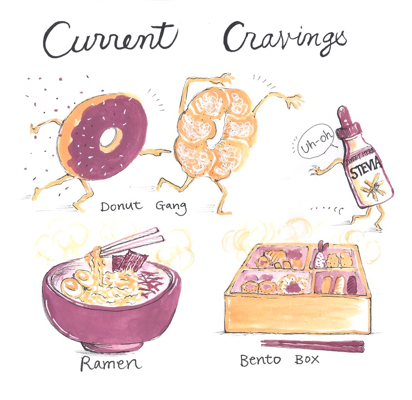 illustration of Always hungry for good bad food! donuts, sugar, sweets, desserts, sprinkles, stevia, ramen, bento box, noodles soup, rice, sushi, tempura, Japanese food.