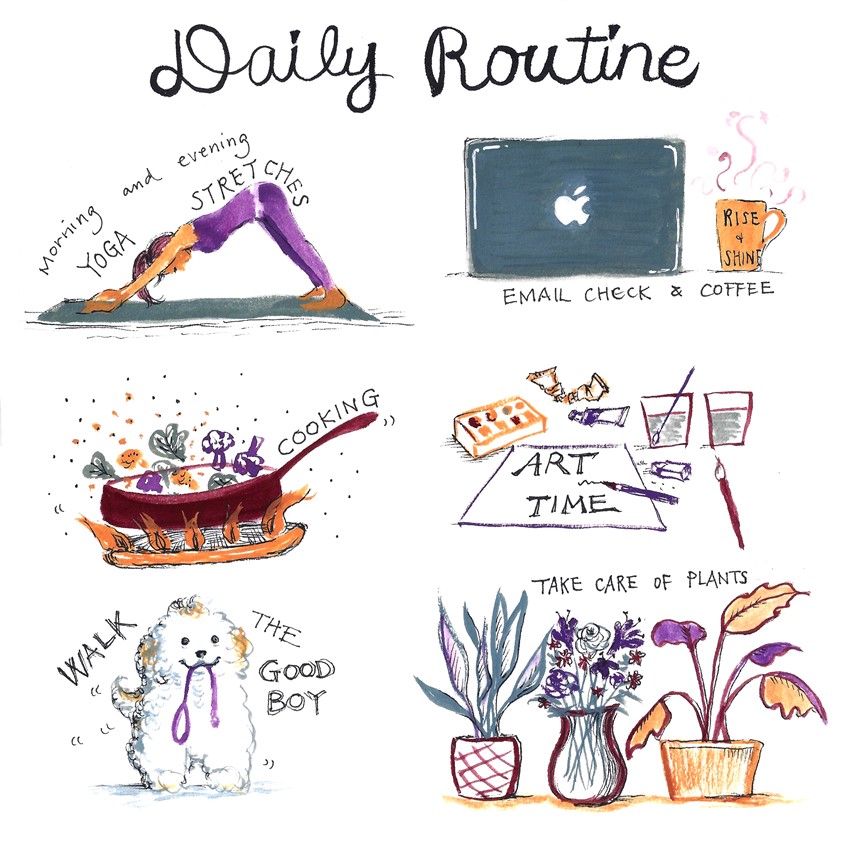 illustration of Good to have a routine especially during pandemic. yoga, exercise, computer, coffee, work, cooking, food, creative, art, dog, walking, plants, home.