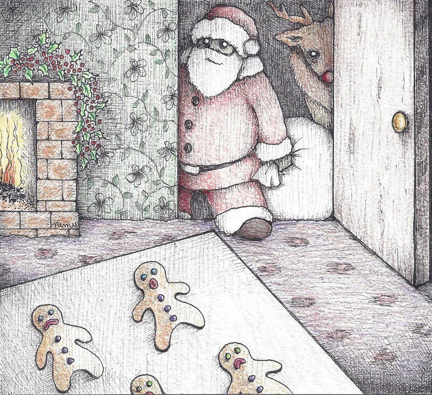 illustration of Santa needs a midnight snack. Rudolph, reindeer, gingerbread man, Christmas, holidays, presents, cookies, festive, seasons greetings.