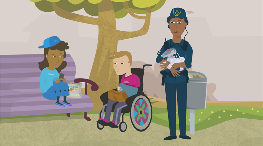 illustration of Still from an animated film for children made for the Swedish Agency for Participation.
children, police, computer dog. wheelchair, parc, tree, information, adventure, story, book, magazine,