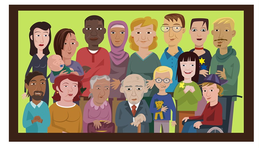 illustration of An iilustration of a family of several generations made for The Swedish Family Care Competence Centre.
family, generations, characters. people. human. children, man, woman,
