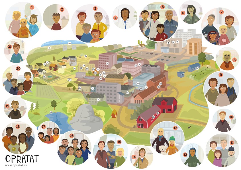 illustration of A map of a small city and some of the families living there. I created several animated films about these families in a bigger project.
map, family, small town, story, neighbourhood, friends, parents, grandparents, children,