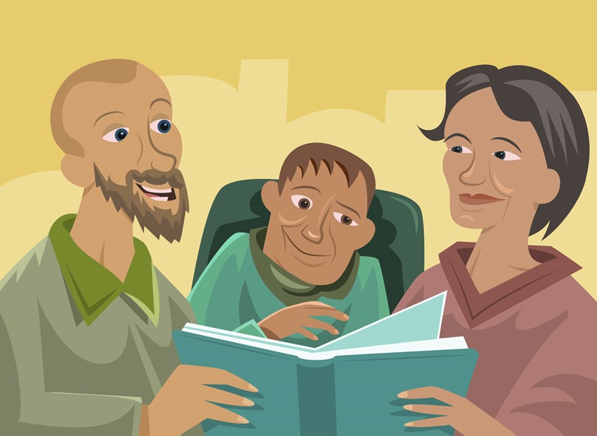 illustration of Illustration for The Swedish Family Care Competence Center, creating meetings between parents who has children with disability.
parents, children, disability, reading, books, family, old, words, editorial, home,