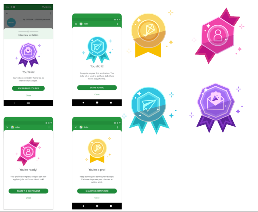 illustration of These badge are part of the extensive art direction created for Google's Jobs app Kormo. These experience badges celebrates users milestones like completing applications or getting a interview