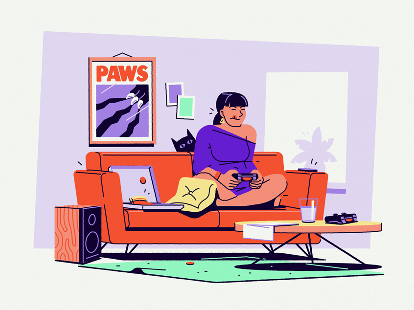 illustration of Illustration of a girl relaxing and gaming. Made for Temper.works. --- videogames, pets, interior, pizza, food, relaxation, technology, entertainment, movies, comics, comedy, inclusive, furniture, streaming, service, startup, business