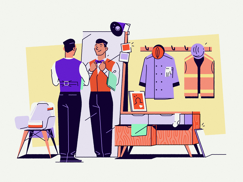 illustration of Person dressing for one of his many freelance jobs. Illustration made for Temper.works. ---freelance, clothing, interior, apparel, lifestyle, relaxation, technology, entertainment, movies, comics, comedy, inclusive, furniture, streaming, service, startup, business