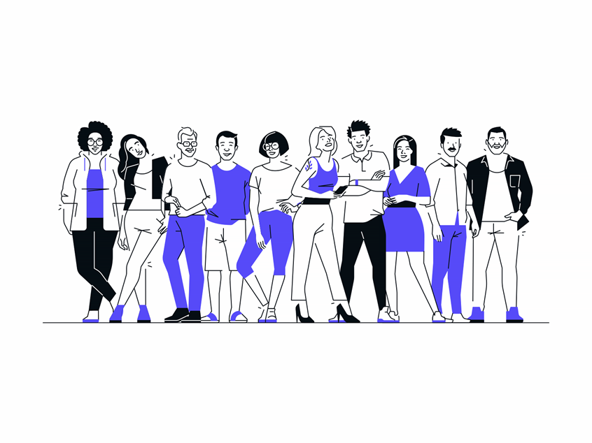 illustration of Illustration of a fun, diverse, and inclusive community of people. Made for The Zebra. --- people, friends, colleagues, community, diversity, inclusive, inclusiveness, cultural, happy, business, corporate, positive, startup, insurance