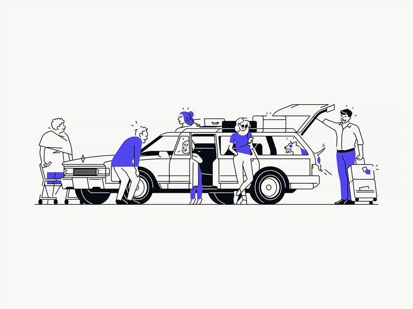 illustration of A happy wholesome family getting ready to go on a long vacation. Illustration made for The Zebra. --- travel, transportation, lifestyle, insurance, community, family, friendly, pets, car, vacation, pleasure