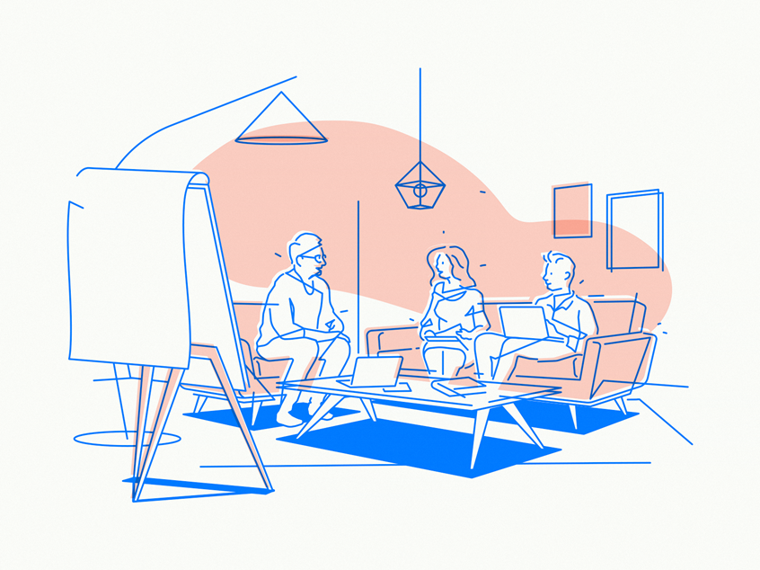 illustration of Colleagues having a meeting in an Open Office Space. Illustration made for Office-App --- office, work, business, service, startup, meeting, calling, streaming, interior, design, furniture, corporate