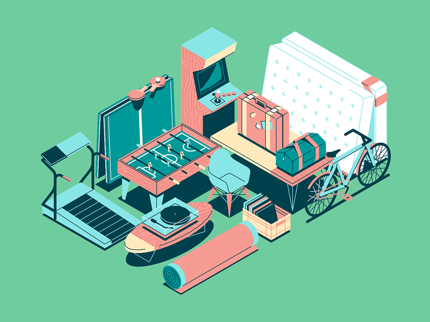 illustration of A variety of stored furniture and appliances. Illustration made for Clutter. --- interior, arcade, lifestyle, retro, design, technology, entertainment, arcade, games, furniture, service, startup, business