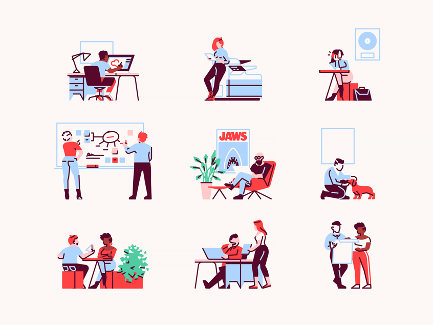 illustration of A selection of office-related super tiny illustrations made for Slab. --- freelance, work, business, startup, tools, laptop, tech, technology, computer, management, organization, service, email