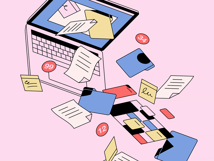 illustration of Illustration of the stresses of File and Meeting management. Made for Slab. --- freelance, work, business, startup, tools, laptop, tech, technology, computer, management, organization, service, email