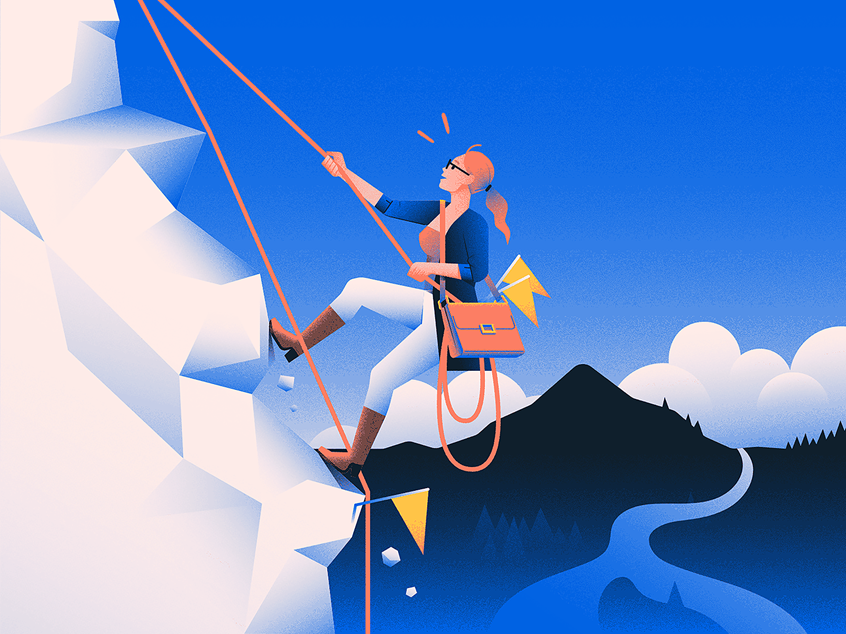 illustration of Illustration about achieving new goals. Made for Degreed. --- mountain, country, nature, obstacle, challenge, entrepreneurship, climbing, sports, work, business, corporate, startup
