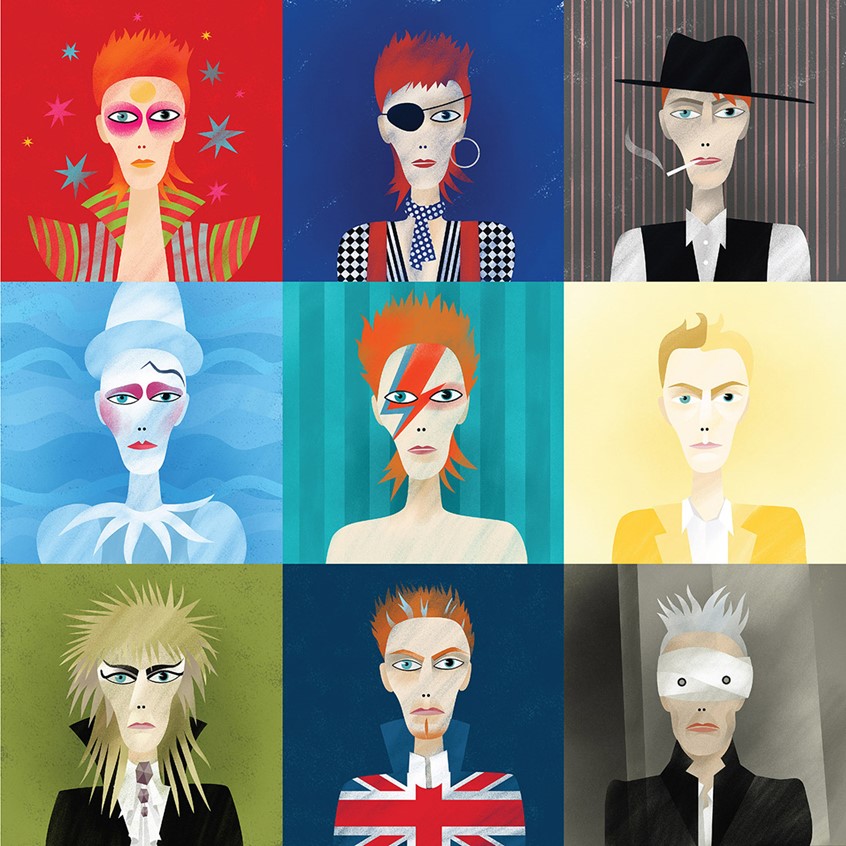 illustration of Editorial illustration celebrating different personas, eras and styles of David Bowie: Ziggy Stardust, Rebel Rebel / Diamond Dogs, Thin White Duke, Pierrot / Ashes to Ashes, Alladin Sane, Let's Dance, Labyrinth, Earthling and Black Star.
They were used in various articles published on CNN International website on his death in January 2016. Famous musician, legend, icon, British Rock, Glam Rock, Music