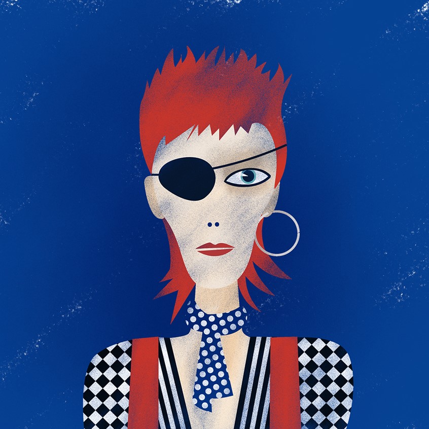 illustration of Editorial illustration celebrating different personas, eras and styles of David Bowie. It was used in various articles published on CNN International website on his death in January 2016. This one represents the Rebel Rebel /Diamond Dogs era of the famous musician. Glam Rock, British Rock, UK, Music, seventies, 70s