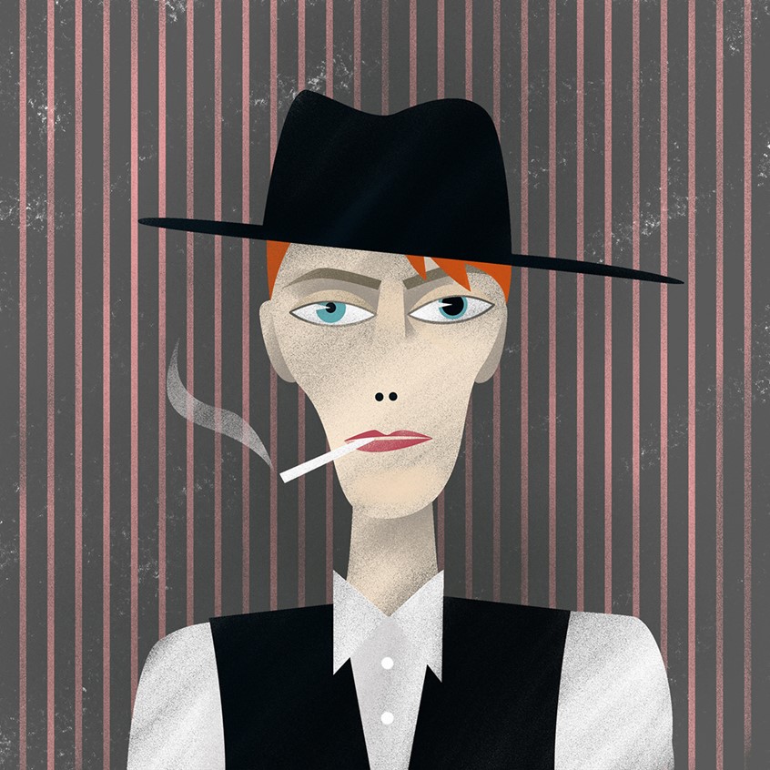 illustration of Editorial illustration celebrating different personas, eras and styles of David Bowie. It was used in various articles published on CNN International website on his death in January 2016. This one represents the Thin White Duke era of the famous musician, when he was living in Berlin and recording