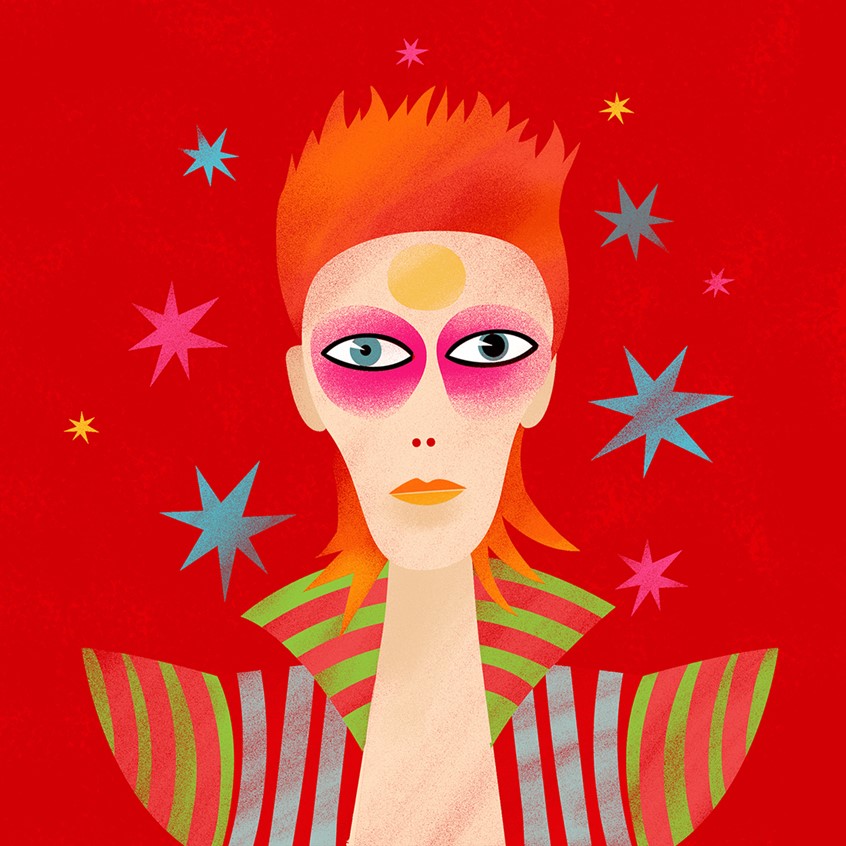illustration of Editorial illustration celebrating different personas, eras and styles of David Bowie. It was used in various articles published on CNN International website on his death in January 2016. This one represents the Ziggy Stardust and the Spiders From Mars era, the peak of his glam-rock phase. Here we can see David Bowie dressed in a stripy costume, with red hair and stars all around. Glam Rock, British Rock, UK, Music, seventies, 70s