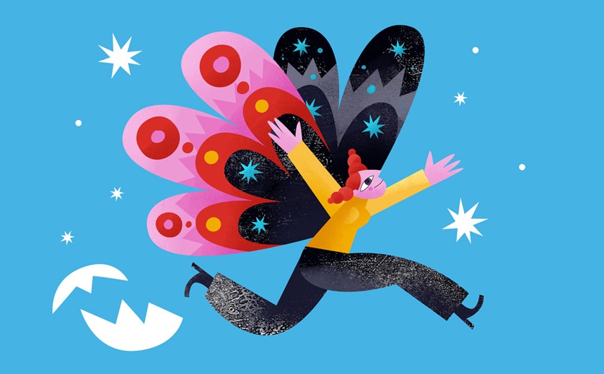 illustration of This image represents transformation, metamorphosis and empowerment, it was used to illustrate the liminality and transitional/transformative nature of 2020 and the effects of the pandemic - it gave us all a chance to rethink and re-evaluate a lot of things and to emerge transformed on the other side. We can see a happy girl hatching from an egg/cocoon as a butterfly. Inspired, inspiration, rising, wings, fly