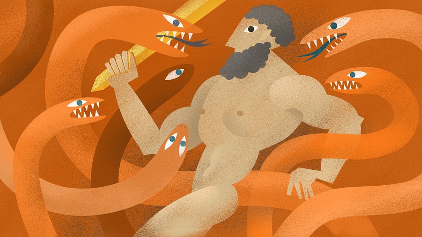 illustration of The brief was to illustrate an article on CNN International website about the fact that classic myths, folk tales, and fairy tales may be much older than previously believed. Some of them are older than ancient myths and biblical stories. This one is about the Greek myth of Hercules, it depicts Hercules/Heracles fighting the Hydra, a snake with many heads, with a sword. This image is featured in Steven Heller's