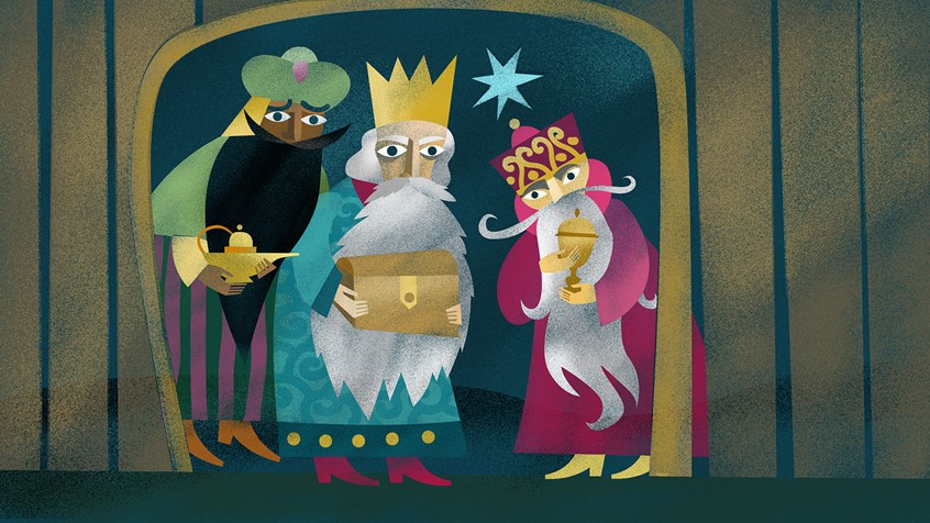 illustration of The brief was to illustrate an article on CNN International website about the fact that classic myths, folk tales, and fairy tales may be much older than previously believed. This one is about Three Kings, the biblical story of Three Wise Men or Three Magi, distinguished foreigners who visited Jesus after his birth, bearing gifts of gold, frankincense and myrrh. Three kings looking into the doorway with the Christmas star behind them.