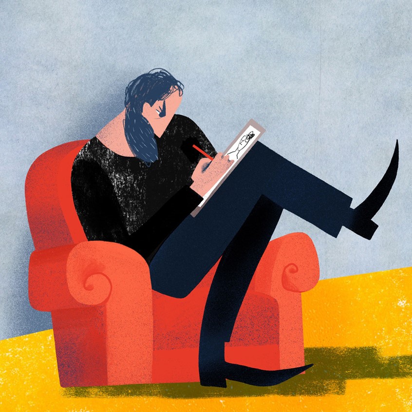 illustration of A caucasian man with a beard sitting in a red armchair and sketching. Drawing, life drawing, sketcher, focus, concentration, artist, creativity, winklepicker boots, pointy shoes, hipster