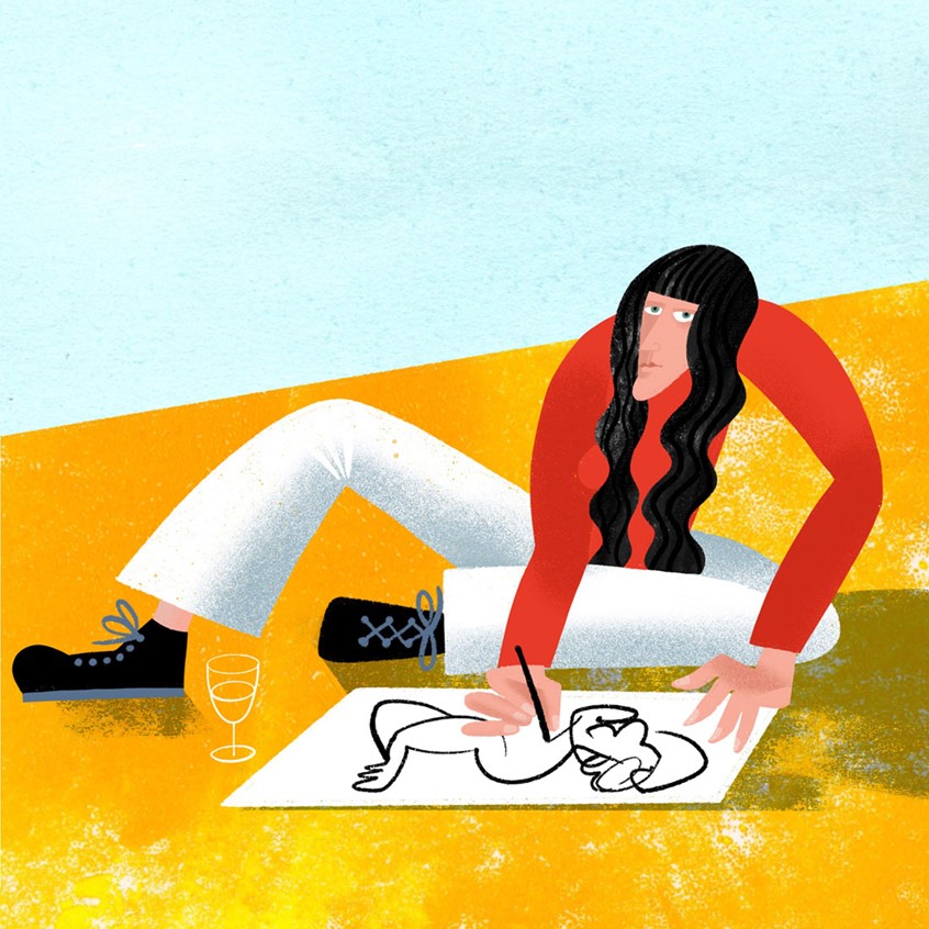 illustration of Long haired girl wearing red jumper and white trousers sitting on yellow floor and drawing. Artist, sketching, sketch, life drawing, creative, creator, young woman