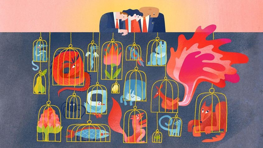 illustration of Editorial illustration for an article for Financial Times. He argues that we must rethink the purpose of the corporation - the idea that businesses only pursue profits leads to dire outcomes. Businessmen and a businesswoman looking at fantastical creatures and animals locked in golden cages.