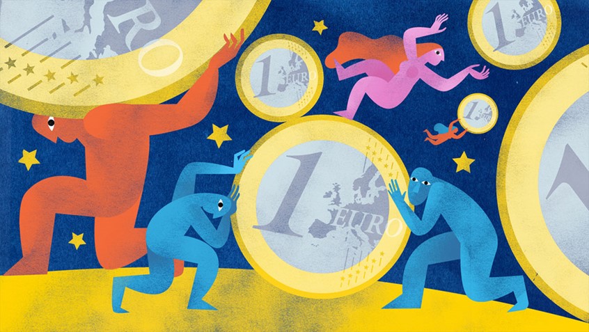 illustration of Editorial illustration for the FT article: debate on the future of monetary union has come out in the open - that is a game changer. Euro, coins, shift, money, finances, EU