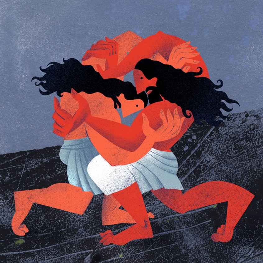 illustration of Illustration inspired by the Epic of Gilgamesh - thi is the moment when Enkidu and Gilgamesh meet for the first time and fight, and it becomes a beginning of a lifelong friendship. Myth, folk tale, legend, mythology, mythological, Mesopotamia, Assyrian, Sumerian, Babylonian, Babylon, Akkadian, king, two males wrestling