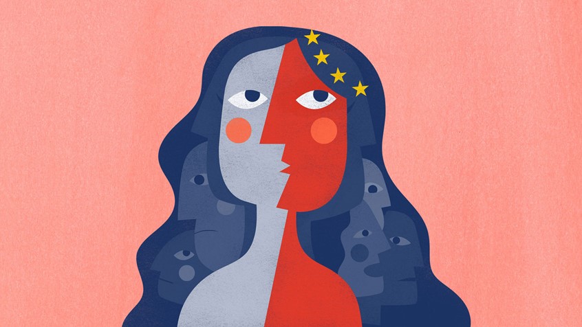 illustration of Mapping Europe's real divisions: almost 30 years after the end of communism the myth of a binary Europe refuses to die. Editorial illustration for FT. Woman with a split personality, inner voices, left, right, socialism, capitalism, East, West, post-soviet countries, EU, European Union