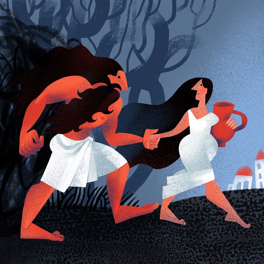 illustration of Illustration inspired by the Epic of Gilgamesh - this is the moment when Enkidu who was created by the gods as the rival to the mighty Gilgamesh meets Shamhat, a sacred temple prostitute who was asked to tame the wild man. The woman holds hands with the man and brings him from the forest to civilized world in the city of Uruk. Myth, folk tale, legend, mythology, mythological, Mesopotamia, Assyrian, Sumerian, Babylonian, Babylon, Akkadian