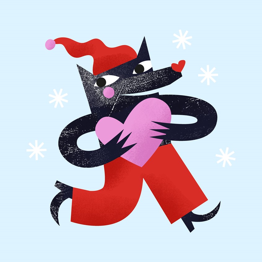illustration of Happy smiling wolf wearing a Santa hat carrying a heart. Grateful, thank you, love, happiness, gratefulness, red trousers, winklepickers boots, Christmas