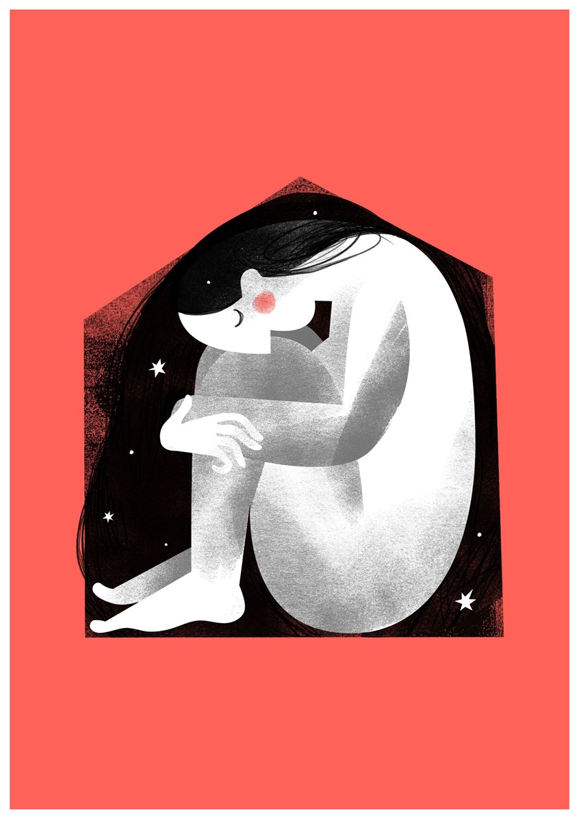 illustration of What is home? Gallery project, exhibition, solitude, being a whole with the universe, being at home, woman sitting in a tiny house, inside, lockdown, stuck at home, hibernating, peace, womb, stillness, beginning, riso print, risograph, printmaking