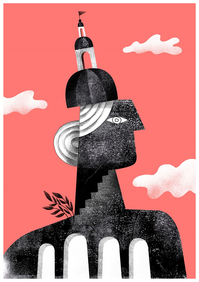 illustration of Gallery project, an exhibition about what Home is. Home is inside one's head. Woman tower, a house, roman, Rome, roof, epic, architecture, riso print, risograph, printmaking