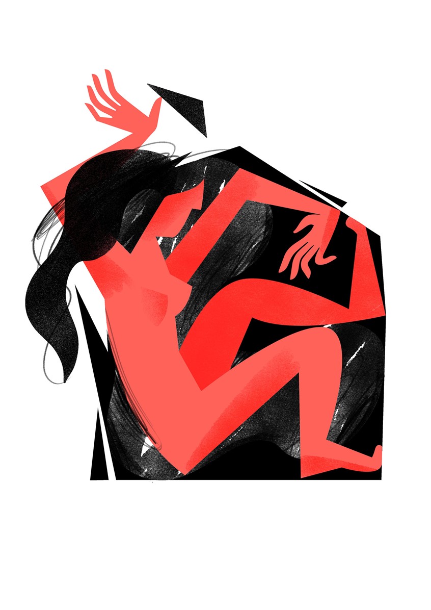 illustration of A young breaks out of a small house. Transformation, transition, liminality, growth, development, seed, breaking shell, minimalist, Russian avant-garde, growing up, adulting, coming of age. Gallery project, exhibition, riso print, risograph, printmaking