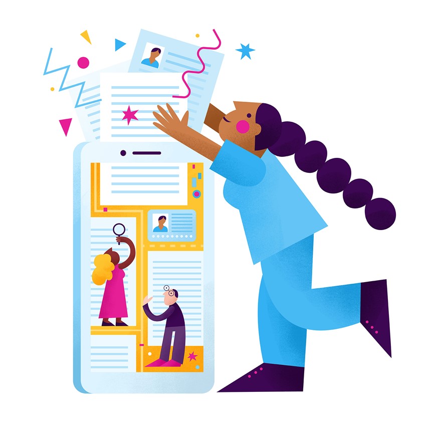 illustration of Nurse uploading documents to the giant smartphone for review. Corporate illustration for IntelyCare, matchmaking software connecting healthcare professionals with facilities and care homes.