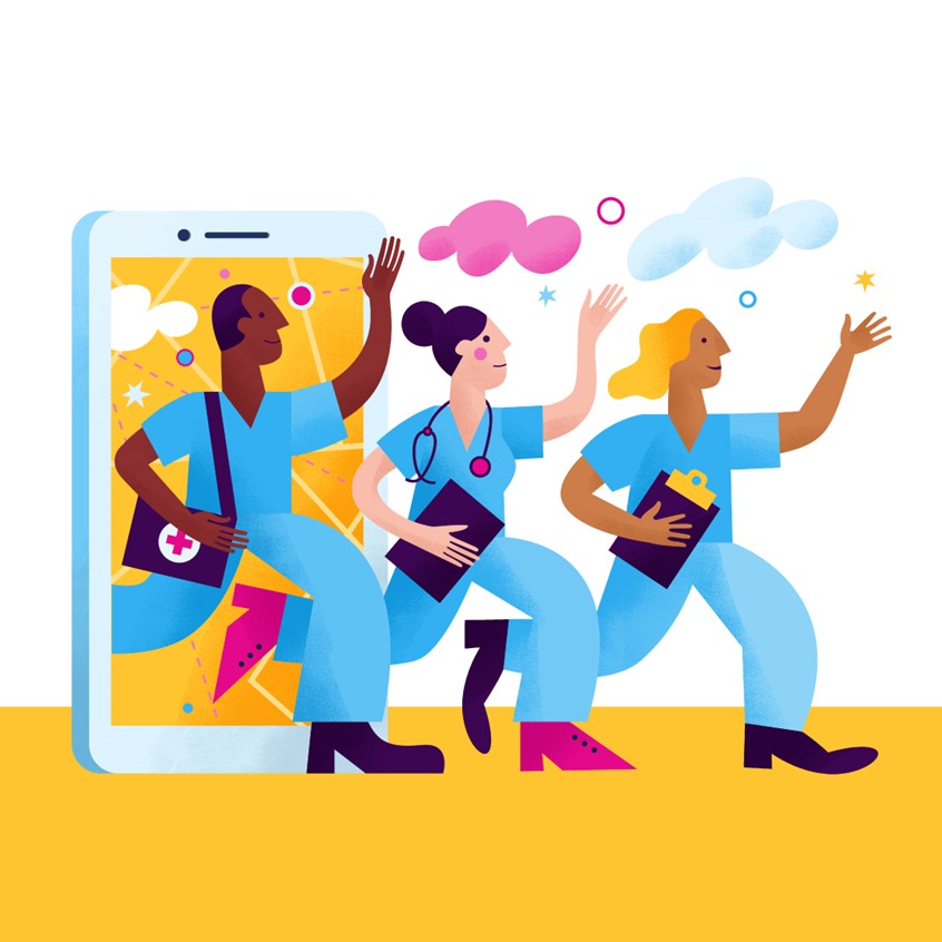 illustration of Corporate Illustration for Intelycare, ai based service matching healthcare facilities with nurses and healthcare professionals. Group of nurses walking out of a giant smartphone, digital transformation, artificial intelligence, doctors, care homes, medicine, teamwork, together we thrive, community, diversity, scrubs, pharma