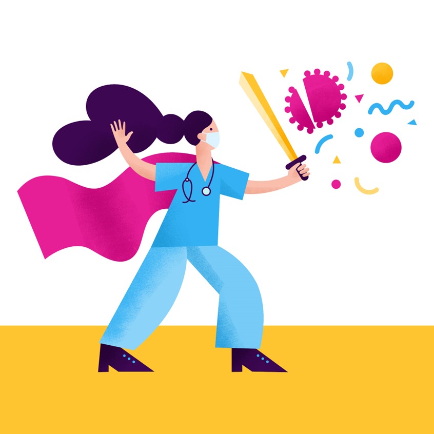 illustration of Nurse wearing in a hero cap fighting coronavirus with a sword. Corporate illustration for IntelyCare, matchmaking software connecting healthcare professionals and care homes / facilities. Healthcare heroes, Covid19, young woman wearing a mask