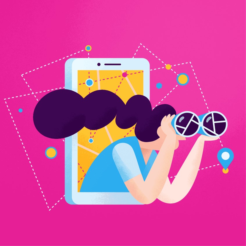 illustration of Corporate illustration for Intelycare, service matching care homes and facilities with healthcare facilities. Nurse looking for shifts through her smartphone. Young woman looking through binoculars at the digital space. AI, artificial intelligence, search, matchmaking