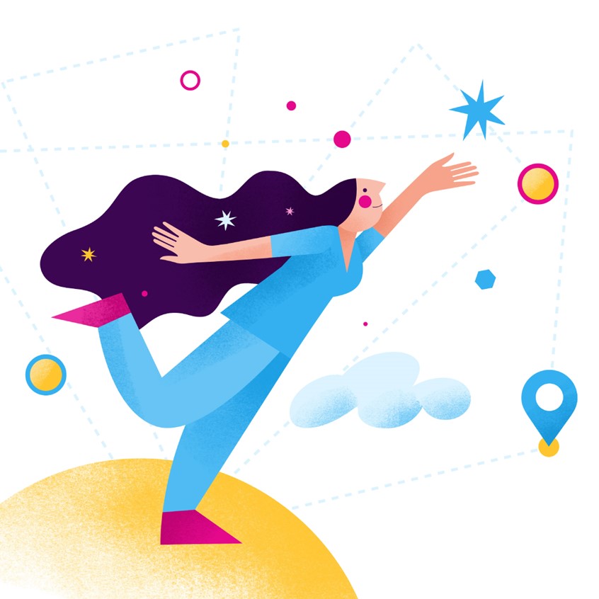 illustration of Corporate Illustration for Intelycare, ai based service matching healthcare facilities with nurses and healthcare professionals. Nurse reaching for a star, digital transformation, artificial intelligence, doctors, medicine, scrubs, pharma, wonder, achieve goals, taking a leap, reaching for stars, magic, girl with long dark hair, young woman reaching for a star