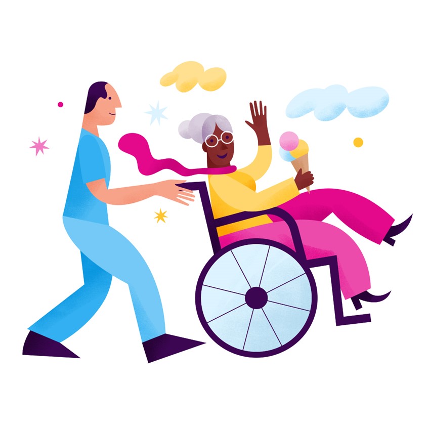 illustration of Corporate Illustration for Intelycare, ai based service matching healthcare facilities with nurses and healthcare professionals. Male nurse walking a happy old lady eating ice cream in the mobility chair, digital transformation, artificial intelligence, doctors, care homes, medicine, community, diversity, scrubs, pharma, disabled, old woman