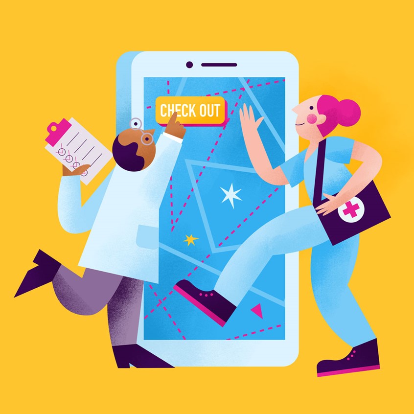illustration of Corporate illustration for IntelyCare, ai based service matching healthcare facilities with nurses and healthcare professionals. Digital transformation, artificial intelligence, doctors, care homes, nurse walking into a giant smartphone, matchmaking, medicine