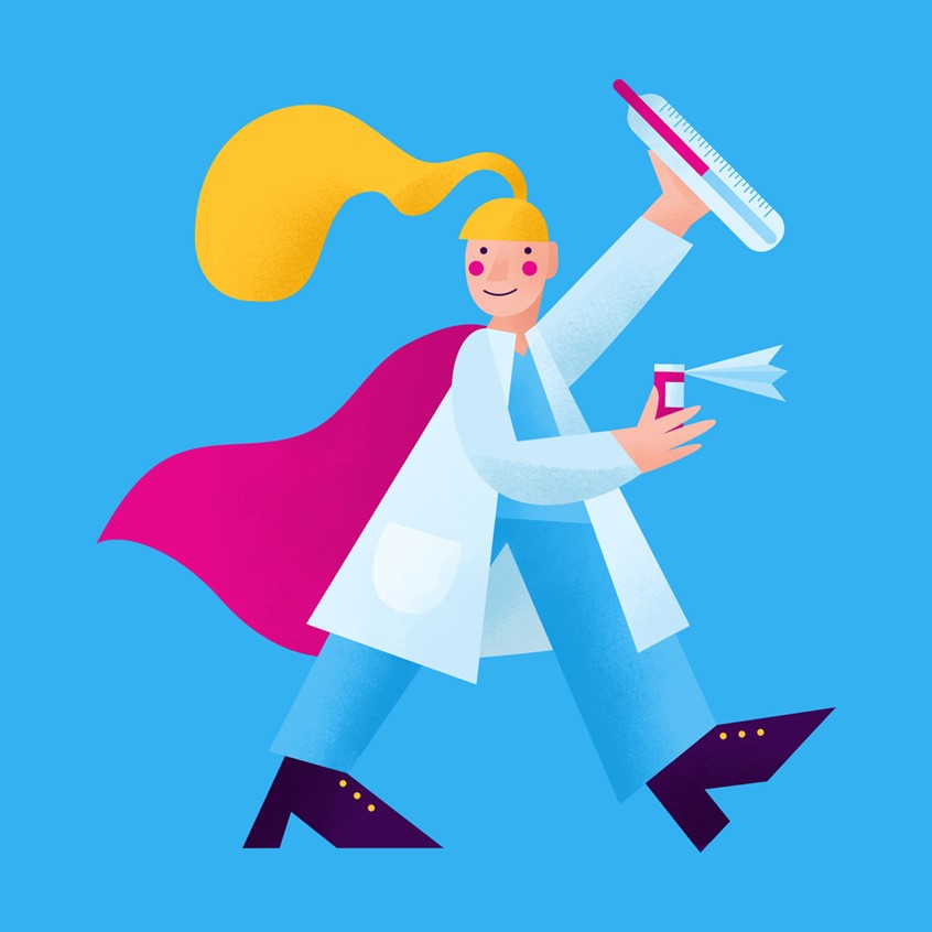 illustration of Corporate Illustration for Intelycare, ai based service matching healthcare facilities with nurses and healthcare professionals. Healthcare hero, thermometer, pills, medicine, pharma, pharmaceutical, digital transformation, artificial intelligence, doctors, care homes, medicine, teamwork, together we thrive, community, diversity, scrubs, white coat