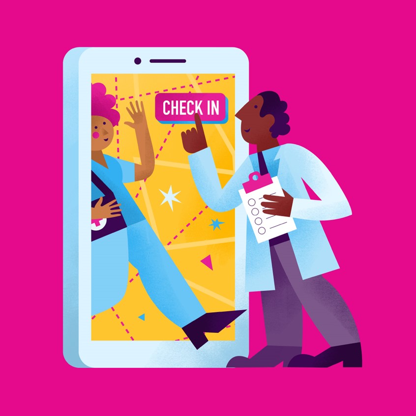 illustration of Corporate illustration for Intelycar, ai based service matching healthcare facilities with nurses and healthcare professionals. Digital transformation, artificial intelligence, doctors, care homes, nurse walking out of a giant smartphone, matchmaking, medicine, scrubs, white coat, digitalisation, shift