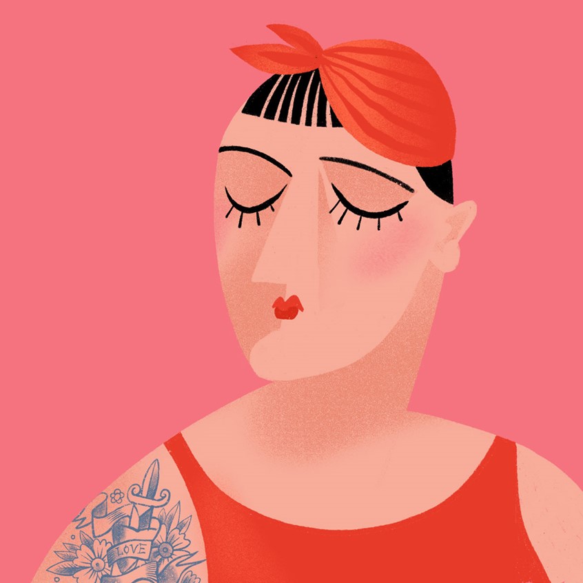 illustration of Stylish woman with tattoos, 50s, fifties style, retro, swing dancing, bright make up, hipster chick, plus size, cat eye, red headscarf, young woman, pink, red, rock-n-roll, jive, rockabilly