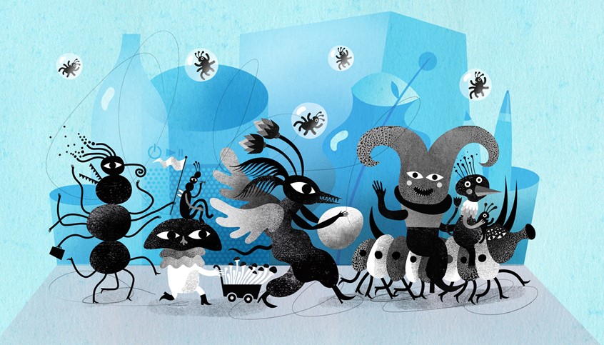 illustration of How easy it is for bacteria to travel inside your home - editorial illustration for NBC / Procter and Gamble. Germs, monsters, weird creatures, character design, party, music festival, Monochrome, blue, microbes, healthcare,